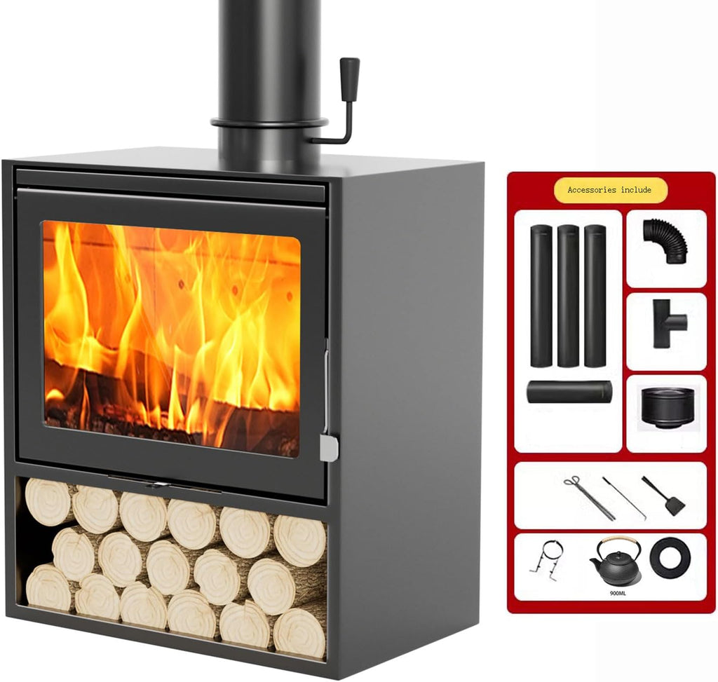 Gusseisen-Holzofen 15 kW, Kaminholzofen, Robuster Neuer Holzofen Wohnzimmer Holzofen Deko, Mit Keramikglasfenster, Heizofen, Kamin zum Wärmen von Räumen (Größe: 85 x 60 x 49 cm)