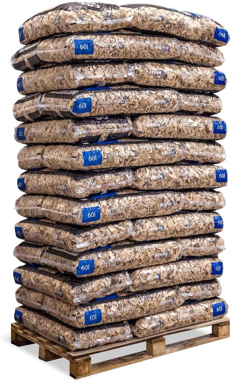 GALAMIO Holzspäne Holzhackschnitzel Mulch Natur Waldkiefer Pinus Sylvestris für Garten Hochbeet Dekor Holz Dekohäcksler Grob 5-60mm 60 L x 39 Sack 2.340 L / 1 Paligo Paligo