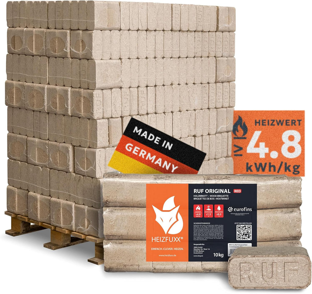 PALIGO Heizfuxx Classic RUF Hartholzbriketts, Kamin-/Ofenbrennholz, Heizbriketts, 10 kg x 96 Pakete, 960 kg / 1 Palette